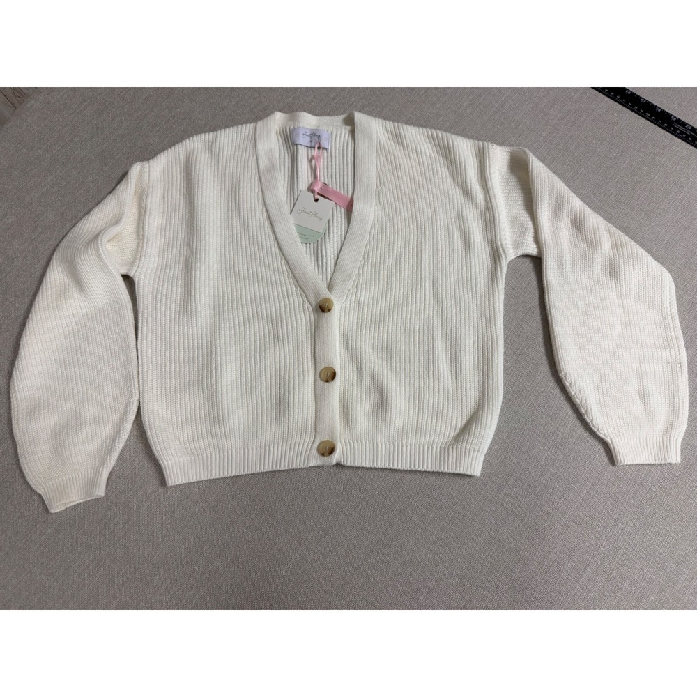 SweetHoney Womens Ribbed Knit Cardigan Sweater White V-Neck Cotton Size M NEW